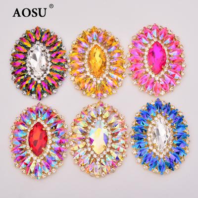 China Flatback AOSU 54*70mm Large Crystal Brooch Sewing Stones Applique Sew On Colored Rhinestone Glass Flowers For Clothing Jewelry Crafts for sale