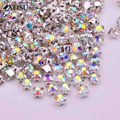 China Flatback AOSU SS12 SS20 SS50 Sew Stone Applique Flatback Clear Glass Sew On Crystal Rhinestone Sil Worm Claw Rhinestone For Clothes for sale