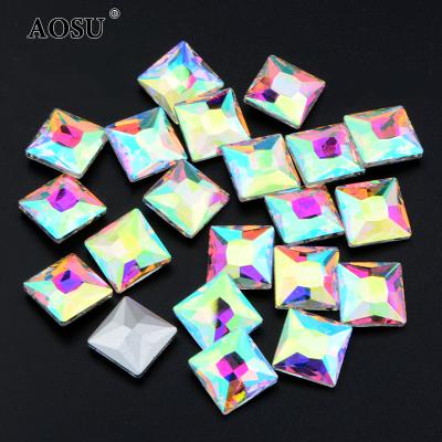 China Factory Hot Sale 8mm 10mm 12mm 14mm Stone Square Flatback AOSU Glass Crystal AB Strass Shape Rhinestone Pointback For Dress for sale