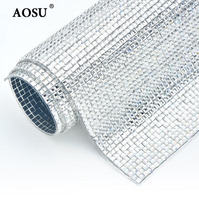 China Flatback AOSU 24*40cm Crystal Stones Mesh Sheet Square Clear Glass Rhinestones Trim Self Adhesive Faux Stone Mesh For DIY Fabric for sale