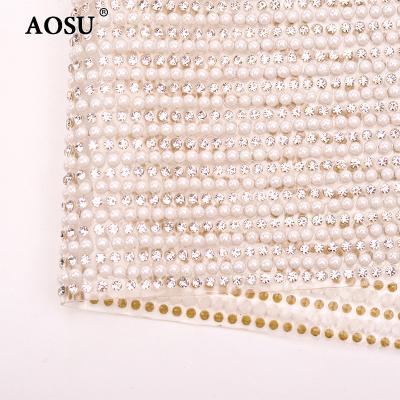 China White Crystal Stone Mesh AOSU 24*40cm Pearl Mesh Crystal Fabric Sheet Hot Fix Rhinestone Setting For Dress Making Crafts for sale