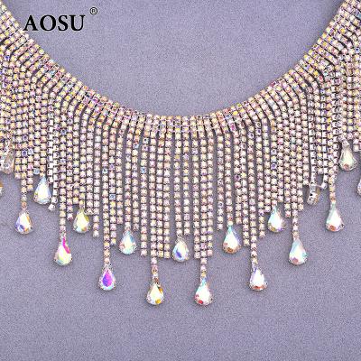 China Flatback AOSU 1 Yard Ab Crystal Stones Tassel Fringe Diamond Rhinestone Trimming Drop Glass Rhinestone Sewing Chain For DIY for sale