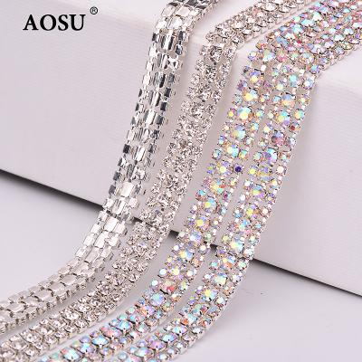 China Flatback AOSU 1 Yard SS8+SS16+SS8 Clear Rhinestone Bandage Sewing Meta 1 Trimming Rhinestone Crystal Ribbon For Dress Glass Chain for sale