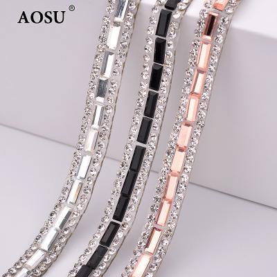 China Flatback AOSU Wholesale 5 Yard*8mm Black Color Hotfix Crystal Rhinestone Chain Glass Rhinestone Tape For Dress for sale