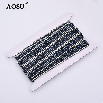 China Wholesale Black Color Rhinestone Crystal Fabric Pearl Crystal Applique Flatback AOSU Chain For Wedding Dress for sale