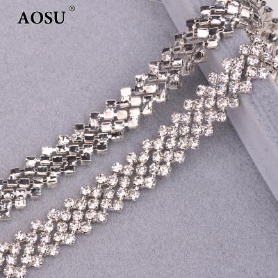 China Metal Rhinestone Chain AOSU SS16 5 Rows Rhinestone Claw Rhinestone Chain Clear AB Trim Crystal Stones Banding Sewing Rhinestone For Dress for sale