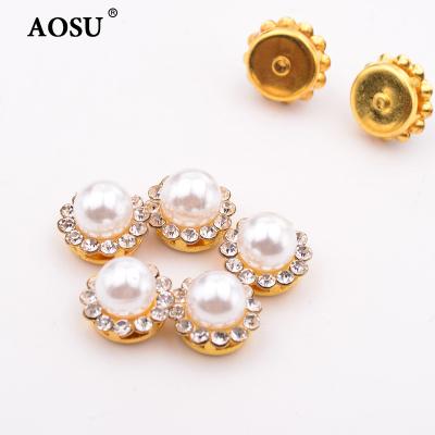 China Wholesale AOSU Flatback 8 10 12 Round 14mm Rhinestones Gold Flower Crystal Stone White Pearl Sewing Bead For Garment Accessories for sale