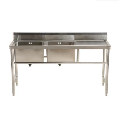 China Commercial Kitchen Dish Stainless Steel Wash Work Bench With Two Sinks for sale