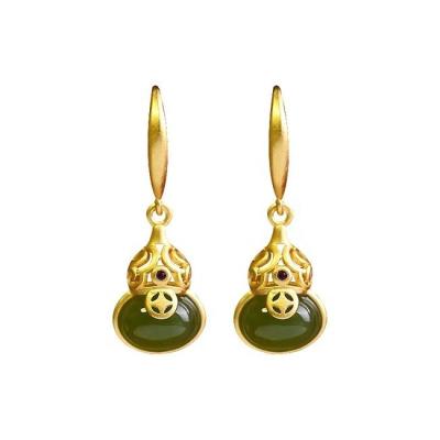 China TRENDY Women's Ice Green Jade Jewelry Vintage 925 Sterling Silver Gold Plated Long Drop Earrings for sale