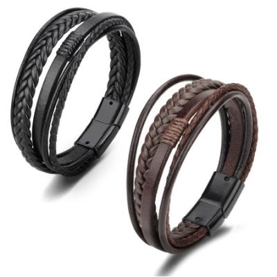 China 2022 Trendy Trendy Genuine Leather Multilayer Braided Bracelets Men Stainless Steel Rope Bracelets For Men Women Bracelets Jewelry for sale