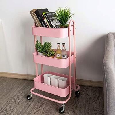 China Pink Rolling Trolley Easy Mobile Rolling Trolley Cart 3 Tier Industrial Service Workspace Storage Trolley for sale