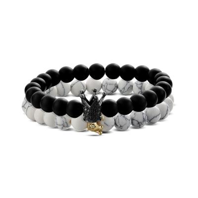 中国 TRENDY White Turquoise Black Onyx Bead Bracelet King Queen Crown Elastic Torque Beads Bracelet 販売のため