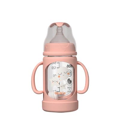 China Amazon BPA Free Free Sample Brocilicate Glass Wide Baby Glass Milk Bottle Hot Selling Neck Baby Bottle With Handles for sale