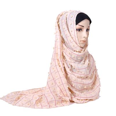 China New Fuzzy Ball Cotton Hijab Shawl Dubai Hijab Shade Collection Classic Cotton Grid Scarf for sale