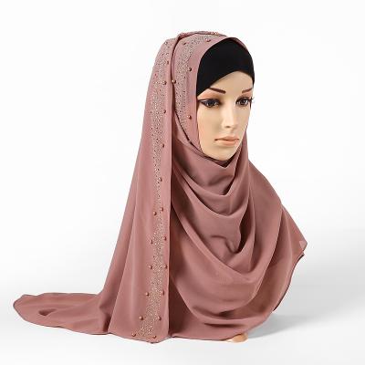 China Classic Muslim Plain Beads Match Solid Color Fancy Beaded Chiffon Hijab Scarf With Gold Stones for sale