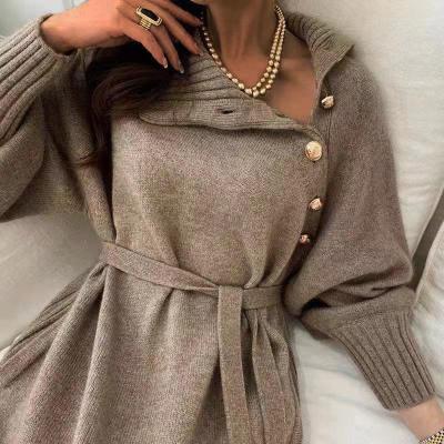 China 2021 New Anti-wrinkle Design Autumn Winter Solid Color High Collar Knitted Sweater Dress For Women for sale