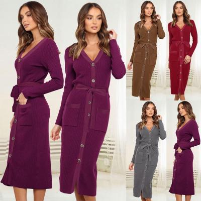 China Anti-Static Sexy Dress For Women V-Neck Belt Long Sleeve Knit Elegant Slim Pocket Brown Maxi Sweater Dress Elegant Midi Dresses Women Button for sale