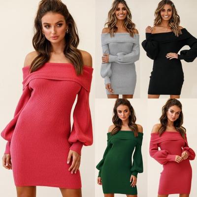 China Anti-Static New Arrivals Sexy Off The Shoulder Lantern Long Sleeve Dress Knit Package Hip Dresses Autumn Women Fashion Clothing 2021 for sale