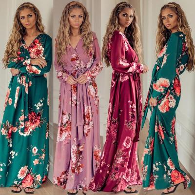 China New style anti-static plus size v-neckline long sleeve knit flower print fall 2021 dress for fat woman for sale