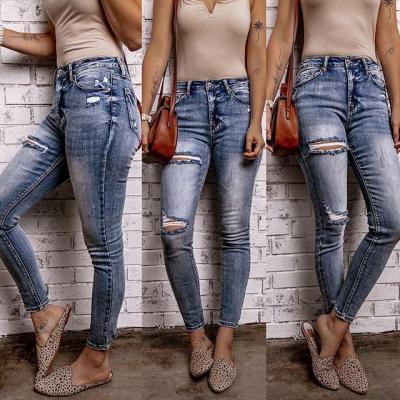 China Others free shipping women high waist jeans pants vintage elastic holes ripped casual pencil jeans skinny pants woman jeans for sale