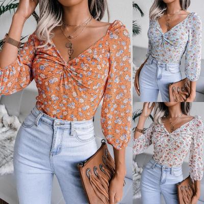 China Anti-pilling the woman's clothes 2021 hot sale V-neck women's casual full print ladies fashionable women's blouses for sale