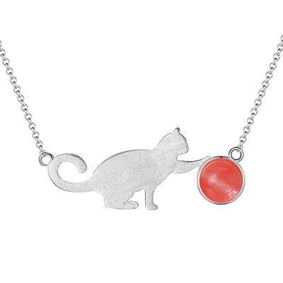 China Wholesale Cute Handmade 925 Sterling Silver Playing Cat Pendant Necklace For Women Christmas Gift for sale