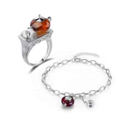 China CLASSIC Handmade Natural Amber Cute Teapot Ring and Bracelet 925 Silver Jewelry Set for Women for sale