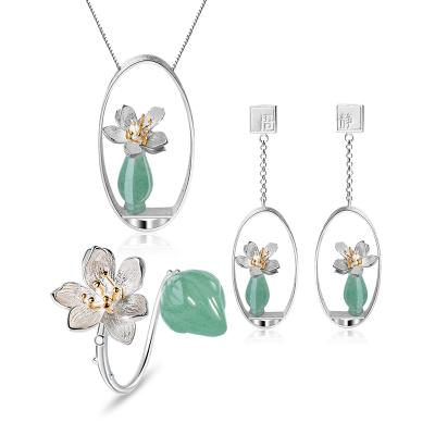 China CLASSIC Jewelry Sets 925 Sterling Silver Luxury Handmade Natural Chalcedony Flower Silver Jewelry Set for sale