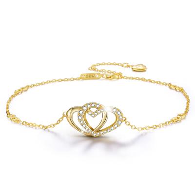 China Fashionable Wholesale 18k 925 Sterling Silver Double Love Heart Zircon Plated Gold Jewelry Bracelet for sale