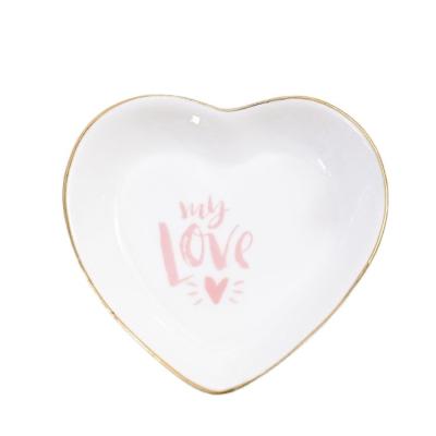 China Nordic Home Ring Tray Gold Rim Edge Ceramic Porcelain Heart Shape Plates Trinket Jewelry Dish for sale