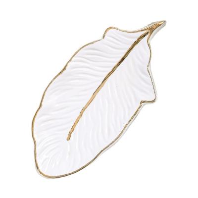 China Home Wholesale Decorative Shell Leaf Shape Gold Rim Trinket Dish Jewelry Dish Ring Holder Organizer for sale