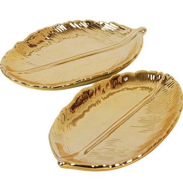 China Fashionable Wholesale Home Decoration Table Top Leaf Ceramic Jewelry Storage Gold Tray For Gift for sale