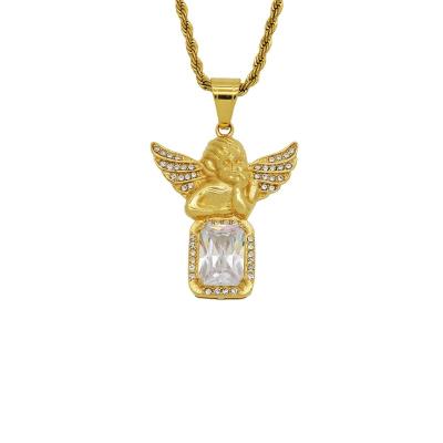 China Vintage Romantic Sparkle Gemstone Manual Setting 18k Gold Plated Stainless Steel Ice Jewelry Angle Pansy Pendant for sale