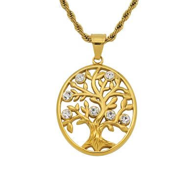 China 2022 Cute Hip Hop Disc 18k Gold Plated Christian Stainless Steel Ice Outlet Jewelry Tree Of Life Pendant for sale