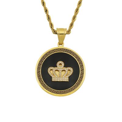 China Retro Ice King Unique Classic Black Epoxy CLASSIC Luxury Rhinestone Gold Plated Stainless Steel Crown Pendant Jewelry for sale