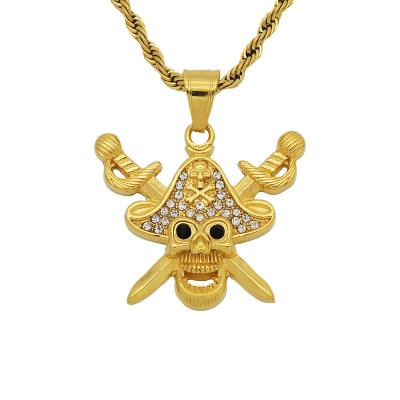 China 2022 Hip Hop 18k High Polished Gold Plated Stainless Steel Ice Out Pirate Skull Pendant for sale