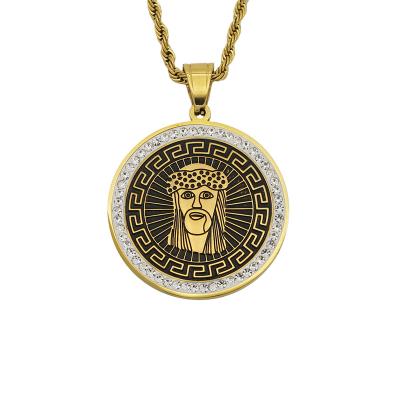 China Christian Ice Retro Unique Classic Black Epoxy Rhinestone 18k Gold Plated Stainless Steel Jesus Jewelry for sale