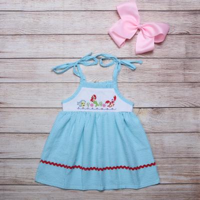 China RTS wholesale casual dress for girls world mermaid underwater designs and new lobster embroidery boutique cotton seersucker sleeveless dress for sale