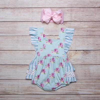 China RTS Summer 0-3T Casual Wholesale Boutique Girl Romper Purple Rose Print Ruffled Sleeves Boutique Girl Jumpsuit for sale