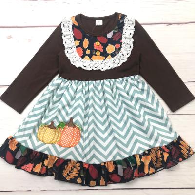 China Baby Boutique Casual Dress Style Pumpkin Embroidered Long Sleeve Ruffle Lace Skirt Children's Boutique Girl Clothes for sale