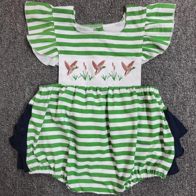 China Connie Nini Hot Sale 100% Breathable / Comfortable Cotton Green Striped Duck Baby Girl Romper Cute for sale