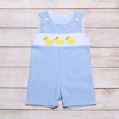 China Breathable/Comfortable Duck Blue Striped Seersucker Smocked Toddler Boys Romper Baby Sleeveless Plaid Clothes Boutique Summer Outfits for sale