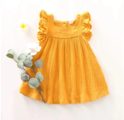 China Summer anti-static children flying sleeves ruffled pure yellow cute fashion breathable2021 solid color cotton and linen dress for sale