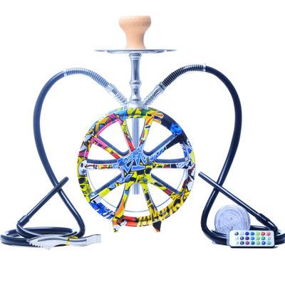 China High Quality New Design Stainless Steel Round Two Hose Hookah Arab Shisha Hookah Set With LED Light Accessories Smoking Gift for sale