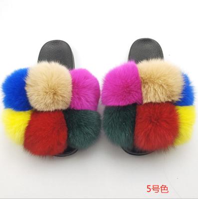 China Indoor Fuzzy Fluffy Shoes Slides Slippers Women's Large Fox Fur Slides Multicolor Warm Soft Fur Wholesale Anti-slippery Ladies for sale