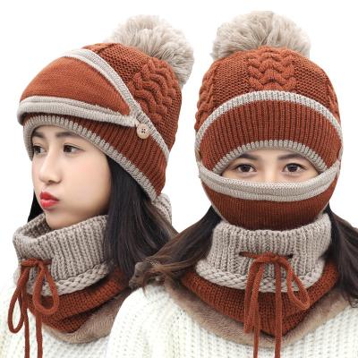 China COMMON Custom Winter Warm Soft Thick Fleece Striped Women Adult 3 in 1 Pom Pom Knit Ski Beanie Hat Scarf Mask Set for sale