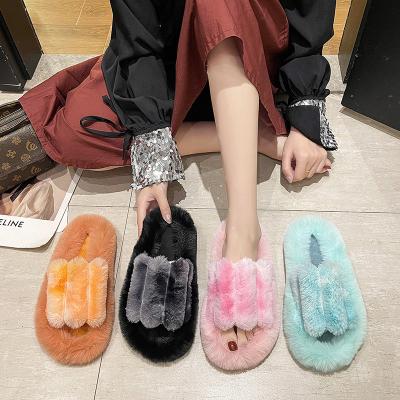 China Wholesale Thick Unique Soft Hairy Gradient Color Fluffy Slippers Fashion Trend Home Rabbit Fur Plush Imitated Slides For Ladies Indoor Bedroom for sale