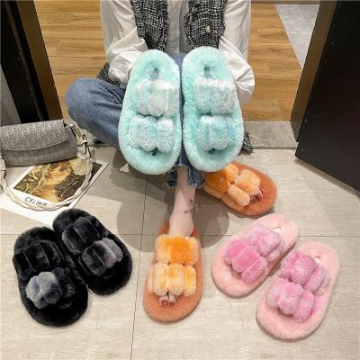 China Fashion Trend Workmanship Ladies Fashion Double Strap Rabbit Fur Slippers Light Weight Fluffy Bedroom Sandals Slippers For Women for sale