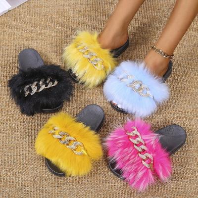 China 2021 New Fashion Trend Women's Fur Flip Flops Diamond Chain Fluffy Flat Slippers Comfortable For Outdoor for sale