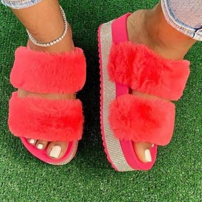 China Fashion Trend Women High Heel Fur Slides Diamond Indoor Fluffy Flat Slippers Plush Ladies Fashion Shoes Large Size Wholesales Slides Slippers for sale